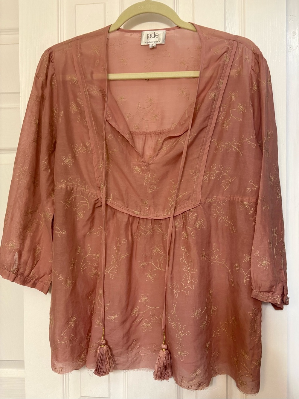 Jade Johnny Was Dusty Rose gold Embroidered Tassel Peasant blouse Tunic M READ
